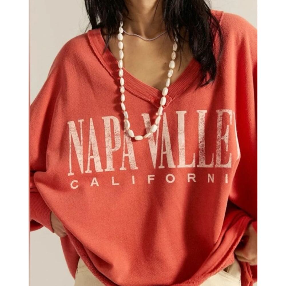 NWT Free People Graphic Napa Valley Venice V-Neck Sweatshirt | Color Orange | XL